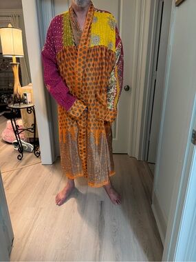 Bohemian Patchwork Long Kimono Jacket in Orange & Pink